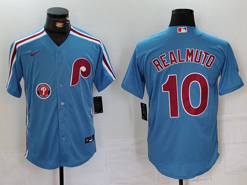 Men Philadelphia Phillies #10 Realmuto Blue Throwback 2024 Nike MLB Jersey style 2